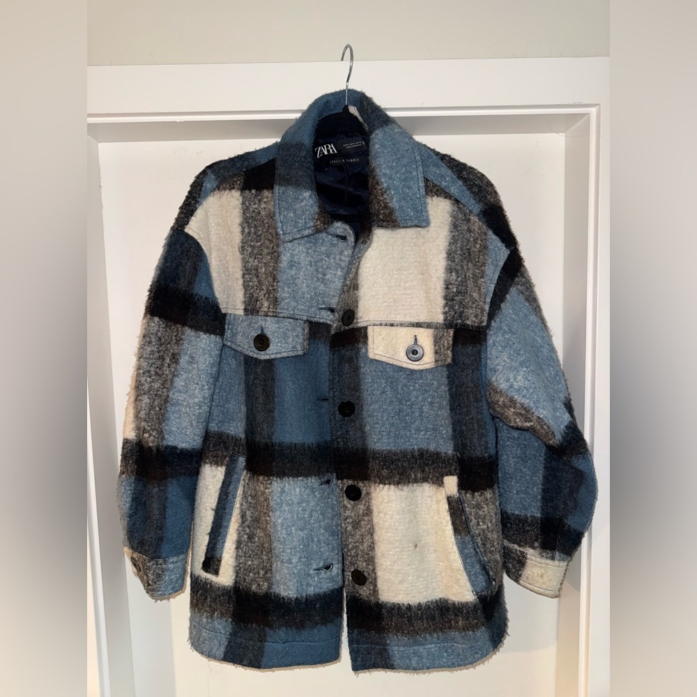 Zara Blue, Cream & Brown Plaid Wool Shacket